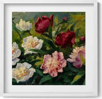 Produktbild von Gemalte schöne Blumen– Wandbild mit Rahmen – Gerahmtes Bild  – Wanddekoration – 50x50 cm –  Weiß Rahmen