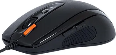 A black computer mouse with an orange scroll wheel is shown against a white background.