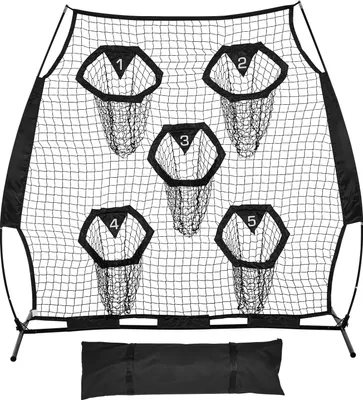 Zdjęcie produktu dla Siatka do futbolu amerykańskiego – siatka do ćwiczeń rzutów rozgrywającego – 208 x 91 x 189 cm – 5 kieszeni do rzutów – siatka bez węzłów – w zestawie torba transportowa i pasy – czarna