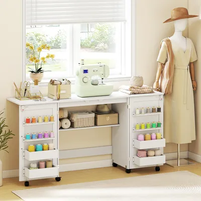 Produktbild von Nähmaschinentisch Klappbar Mehrzweckschrank mit Rollen Falttisch Nähschrank Weiß, 160x40x81,5 cm, Basteltisch Melaminharzbeschichtung mit Türen & Garnrollenhalter