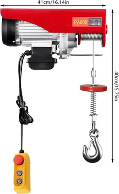 A red electric hoist with a control pendant and hook is shown against a white background, with dimensions indicated.