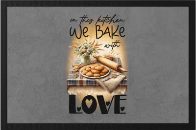 Produktbild von In this kitchen we bake with love Backutensilien Fußmatte - Liebevolle Geschenkidee