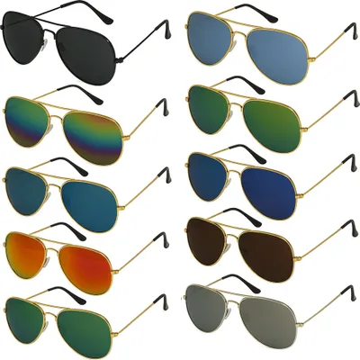 Produktbild von 10er Set Pilotenbrillen – Partybrillen für Erwachsene – Verschiedene Farben & Gläser – Klassiker für 80er Mottoparty, Karneval, Festival & Junggesellenabschied