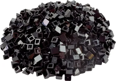 A pile of small, black, square-shaped LEGO bricks.