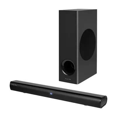 A black soundbar and subwoofer are displayed against a white background.
