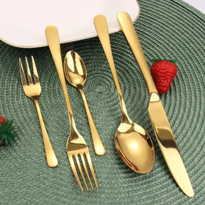 Produktbild von Besteck Set, 60-teiliges Besteckset für 12 Personen mit Messer Gabel Löffel, Edelstahl Essbesteck, Spiegelpoliert (Gold)