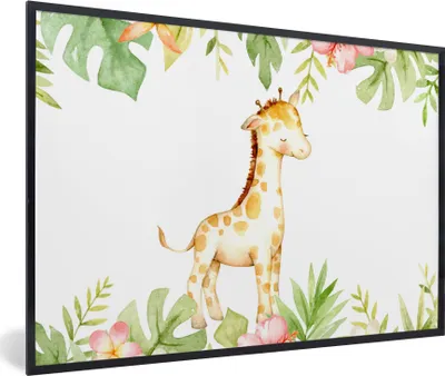 Produktbild von MuchoWow® MuchoWow® Gerahmtes Poster Giraffe - Dschungel - Blumen - Aquarell 90x60 cm - Poster mit zchwarzem Bilderrahmen - Fotorahmen - Foto-Plakat