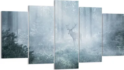 Produktbild von Bild auf Leinwand - Leinwandbild - 5 Teile - Hirsch Wald Morgendämmerung - 160x85cm - Wand Bild - Wanddeko - Wandbilder - Leinwanddruck - Bilder - Wanddekoration - Leinwand bilder - EA160x85-4667
