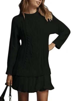 Produktbild von ASKSA Damen Pulloverkleid Cable Knit Rundhals Strickkleid Einfarbig Langarm Minikleid Freizeitkleider Pullover (Schwarz,S)