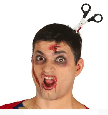 Produktbild von Blutige Schere im Kopf an Haarreif als Kostümzubehör für Halloween und Karneval