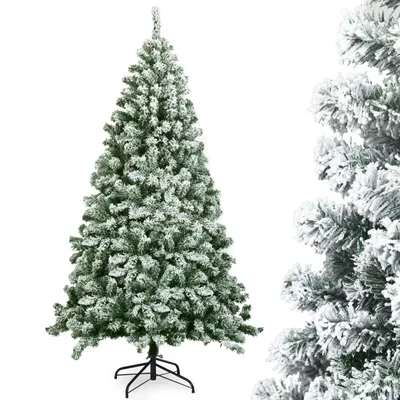 A full shot of a flocked artificial Christmas tree on a white background.
