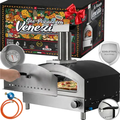 Produktbild von Heidenfeld Gas Pizzaofen Venezia | Pizzastein Cordierit - bis zu 500° C - Edelstahl - Pizza Maker - Outdoor Ofen - Thermometer - Steinofen - Silber