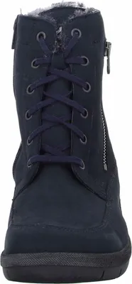A close-up, front-facing view of a navy blue women's boot.