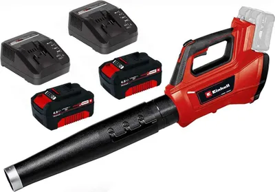 A red and black Einhell professional leaf blower with two batteries and two chargers on a white background.