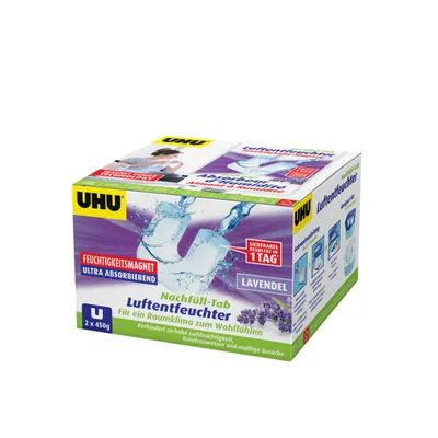 Produktbild von UHU Feuchtigkeitsmagnet Nachfülltab, Innovative Nachfülleinheit für handelsübliche Luftentfeuchter bekämpft Feuchtigkeit und Schimmel in Wohnräumen jetzt noch effektiver, 2 x 450 g, mit Lavendelduft