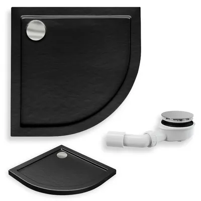 Produktbild von Duschwanne Viertelkreis 90x90x5,5 Sanitäracryl Duschtasse Steinoptik Schwarz | Ablaufgarnitur ⌀90 mm im SET | Anti-Rutsch Duschbecken | BADLAND ARON