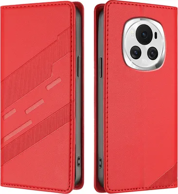 Produktbild von Hülle für Honor Magic 6, Kunstleder Brieftaschen Handyhülle mit Kartenfach und Standfunktion Rot