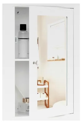 Produktbild von Badezimmerschrank mit Spiegel, Wandschrank eintürig, Hängeschrank mit verstellbarem Einlegeboden & 2 Fächern, 34x15x53 cm Weiß für Badezimmer und Schlafzimmer