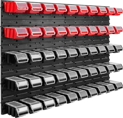 Obrázok produktu pre 50 stohovacích boxov nástenná polica plastové veko 115 x 78 cm držiak na náradie garážový skladovací systém otvorené úložné boxy žľab