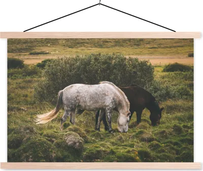 Produktbild von MuchoWow® Textilposter Pferde - Gras - Strauch 120x80 cm mit holzfarbenen Rahmen - Aufhängeset