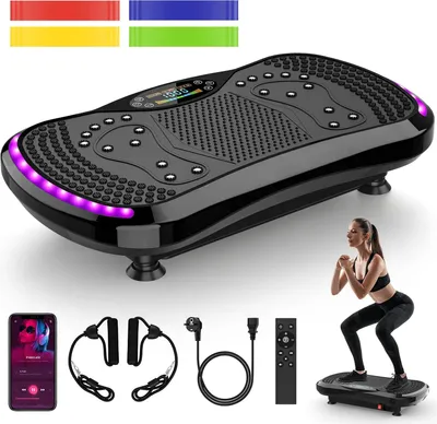Image de Plateforme vibrante pour l'entraînement - Plateforme de fitness pour le corps entier, à utiliser debout - Capacité de charge de 200 kg - 9 programmes d'entraînement - Haut-parleur Bluetooth - 9 accessoires de sport