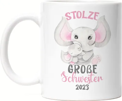 Produktbild von Stolze Große Schwester 2023 Tasse Weiß Elefanten Liebe Familie Schwesternliebe Zusammenhalt Geschwister Geborgenheit
