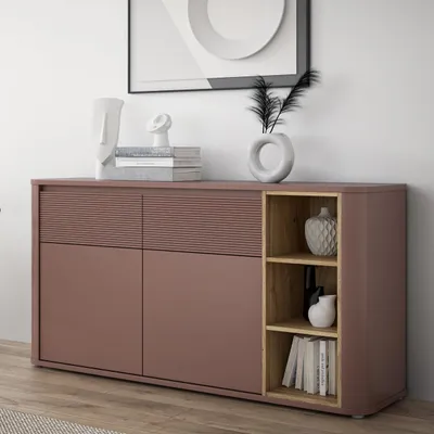 Produktbild von Forte BREATHTAKER Sideboard 160, modern minimalistisch, 2-türig, 2 Schubladen, Regalfach, Reliefstruktur, Holzwerkstoff, Terrakotta/Mauvella Eiche Holzdekor, 160 cm breit x 83,1 cm hoch x 41,3 cm tief