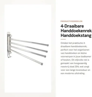 Produktbild von Unyqoos® 4‑armiges, drehbares Handtuchregal aus Edelstahl 304, Silber – platzsparender Handtuchhalter für Bad & Küche, 36,5×26,5×3,2 cm, inkl. 1 Haken, 4 Stangen, 2 Schraubensets