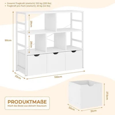Produktbild von Bücherregal mit 3 Schubladen und 5 Fächern 33 x 100 x 90 cm Weiß