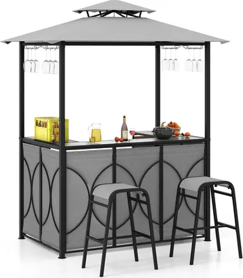 A grey outdoor bar set with two stools, set against a white background.