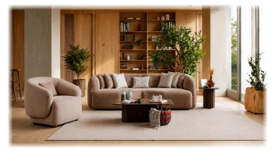 Zdjęcie produktu dla Trównież: Sofa dwuosobowa, fotel, kolor beżowy, salon, nowoczesny, komfortowy