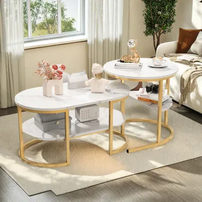 Produktbild von Fortuna Lai Couchtisch 2er Set, Marmor-Optik, Metallrahmen, Sofatisch für Wohnzimmer, Golden