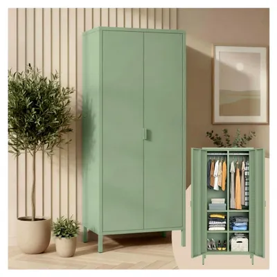 Produktbild von Ituri Metallschrank Mintgrün – Kleiderschrank mit 6 Fächern und 2 Kleiderstangen – Garderobenschrank für den Flur 80 cm breit – Schlafzimmerschrank im Industrial Style – Stahlschrank für Wohnzimmer und Büro
