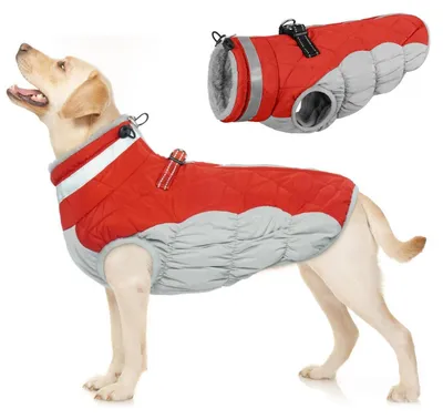 Obrázok produktu pre Zimný kabát pre psov, červený, veľkosť L, nepremokavý, teplý, s výstelkou a otvorom pre postroj