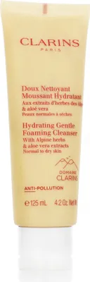 A product shot of a Clarins Hydrating Gentle Foaming Cleanser tube against a white background.
