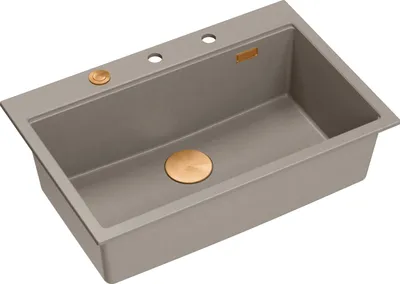 Produktbild von QUADRON Spülbecken 1-Becken Spüle | Größe: 76 x 50 x 23,5 cm | MARC 110 | Granitspüle aus GraniteQ mit Siphon + Spender + Platte | Soft Taupe/Kupfer