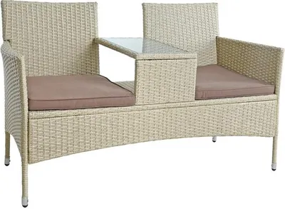 A polyrattan garden bench with a built-in table and cushions.