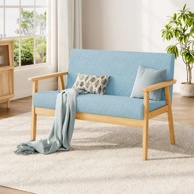 Image de Iropro Canapé 2 places, Petit canapé avec cadre en bois, Canapé lounge 2 places, Moderne et scandinave, Canapé double en velours de nounours, 113x67x75cm, Bleu clair