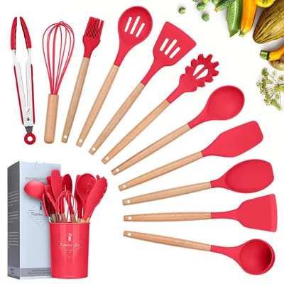 12-teiliges Silikon-Küchenhelfer-Set mit Holzgriffen, rot
