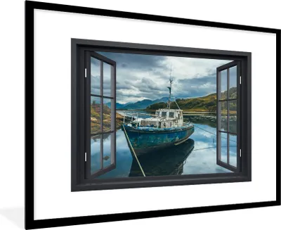 Produktbild von MuchoWow® MuchoWow® Gerahmtes Poster Durchblick - Boot - Berg 90x60 cm - Poster mit zchwarzem Bilderrahmen - Wanddekoration - Fotos