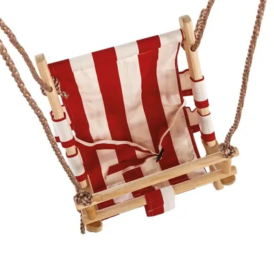 A baby swing with red and white stripes, made of wood and fabric, suspended by ropes.
