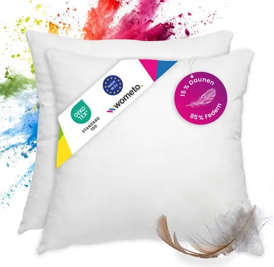 Two white pillows with colorful powder splashes in the background and a feather in the foreground.