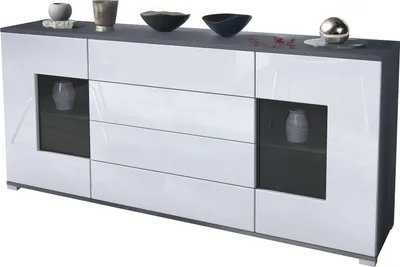 Produktbild von Vladon Sideboard Grömitz V2, Kommode mit 2 großen Türen und 4 Schubladen, Anthrazit matt/Weiß Hochglanz (166,5 x 75,5 x 35)