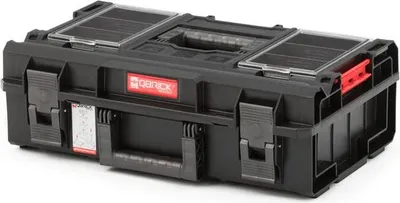A black tool box with clear lids and red latches, shown from a slightly elevated side angle on a white background.