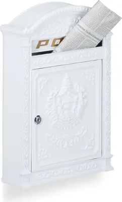 Produktbild von Relaxdays Briefkasten, englischer Stil, Aluguss, für DIN A4, HxBxT: 44,5 x 31 x 9,5 cm, antiker Wandbriefkasten, weiß