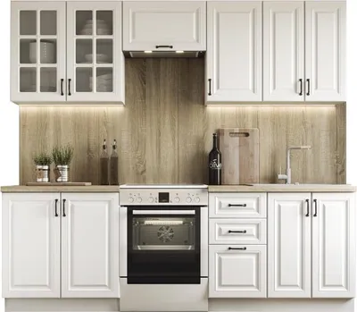 A modern white kitchen set with wooden accents.