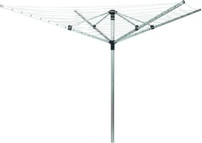 A silver rotary clothesline with black accents against a white background.