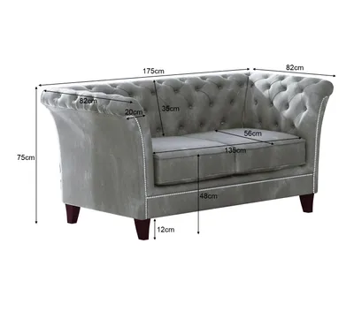 Produktbild von S-STYLE MÖBEL - Zephyr - Chesterfield Sofa 2-Sitzer aus Grau Samt mit Holzfüßen, B/T/H: 175 cm/ 82 cm/ 75 cm