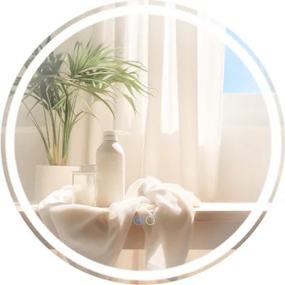 A bathroom shelf with a plant, a bottle of soap, and a folded towel.