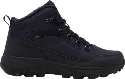 A single dark navy winter boot is shown against a white background.